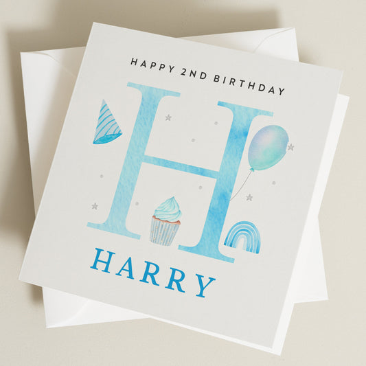 Custom Name Birthday Card For Son, Personalised 2nd Birthday Card For Grandson, Blue 2nd Birthday Card, Any Age and Any Letter Card BC1305