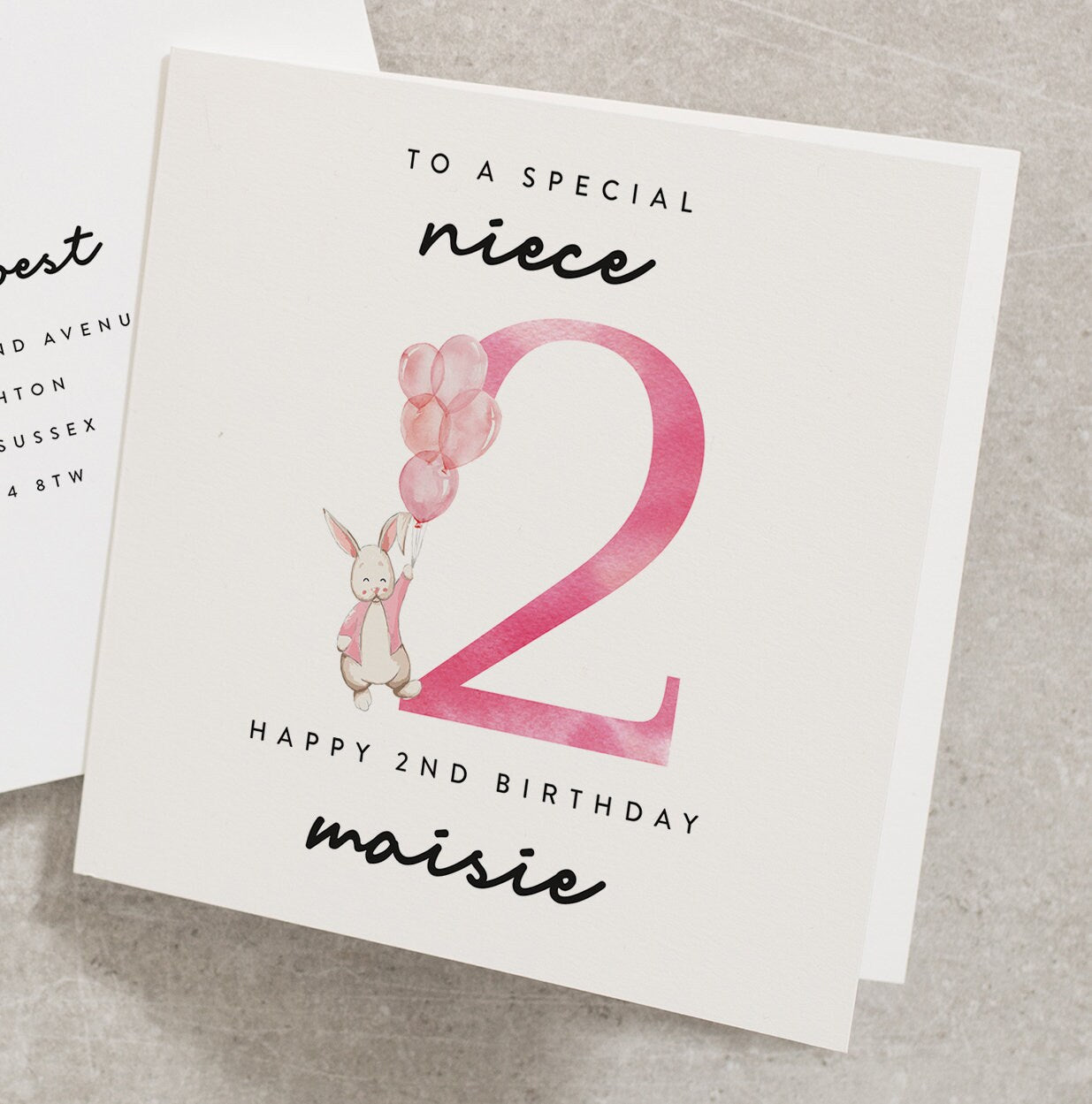 2nd Birthday Card For Niece, To A Special Niece, Personalised Happy 2nd Birthday, Cute Rabbit Second Birthday Card With Pink Balloons BC926