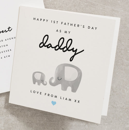 First Fathers Day As My Daddy Card, My Dads 1st Fathers Day Card, Custom Baby Name Greeting Card, Cute Elephant First Fathers Day Card FD087