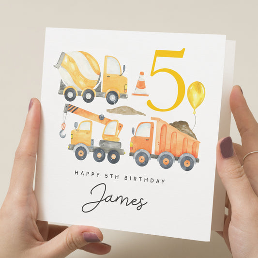 Digger Birthday Card, Personalised 5th Birthday Card For Son, Construction Birthday Card For Boy, For Grandson, 5 Year Old Boy Gift