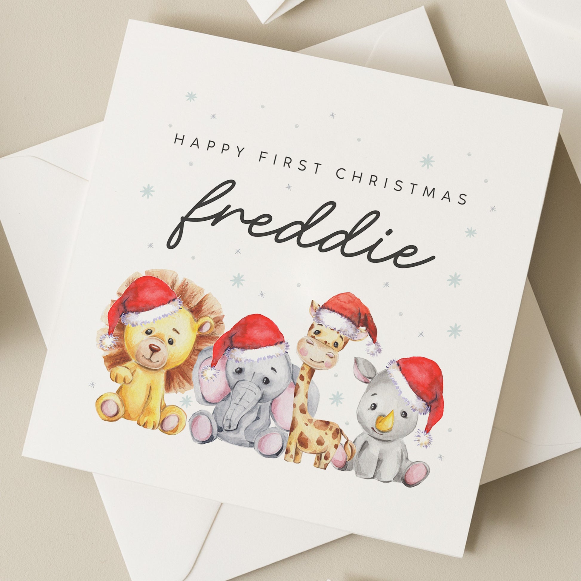 Happy 1st Christmas Card, Personalised Christmas Card For Boy, First Christmas Card with Cute Safari Animal, Baby Girl 1st Christmas Card