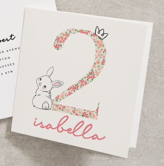 2nd Birthday Card Girl, Baby Birthday Card, Personalised With Baby Name, Rabbit Birthday Card UK, For Her, Second Birthday Card Girl BC881