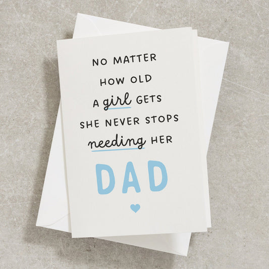 Fathers Day Card From Daughter, No Matter How Old A Girl Get She Never Stops Needing Her Dad, Fathers Day Card From Kids, Best Dad FC017