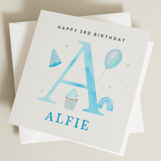 Personalised Letter And Age Birthday Card, Birthday Card For Son Grandson Nephew Brother, 3rd Birthday Card, Blue Birthday Card BC1306