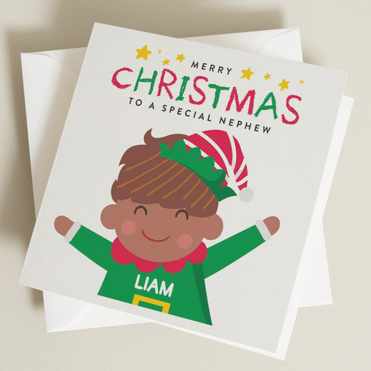 Personalised Nephew Christmas Card, Nephew Christmas Card, Christmas Card For Nephew, Nephew Christmas Elf Card, Christmas Card From Aunty