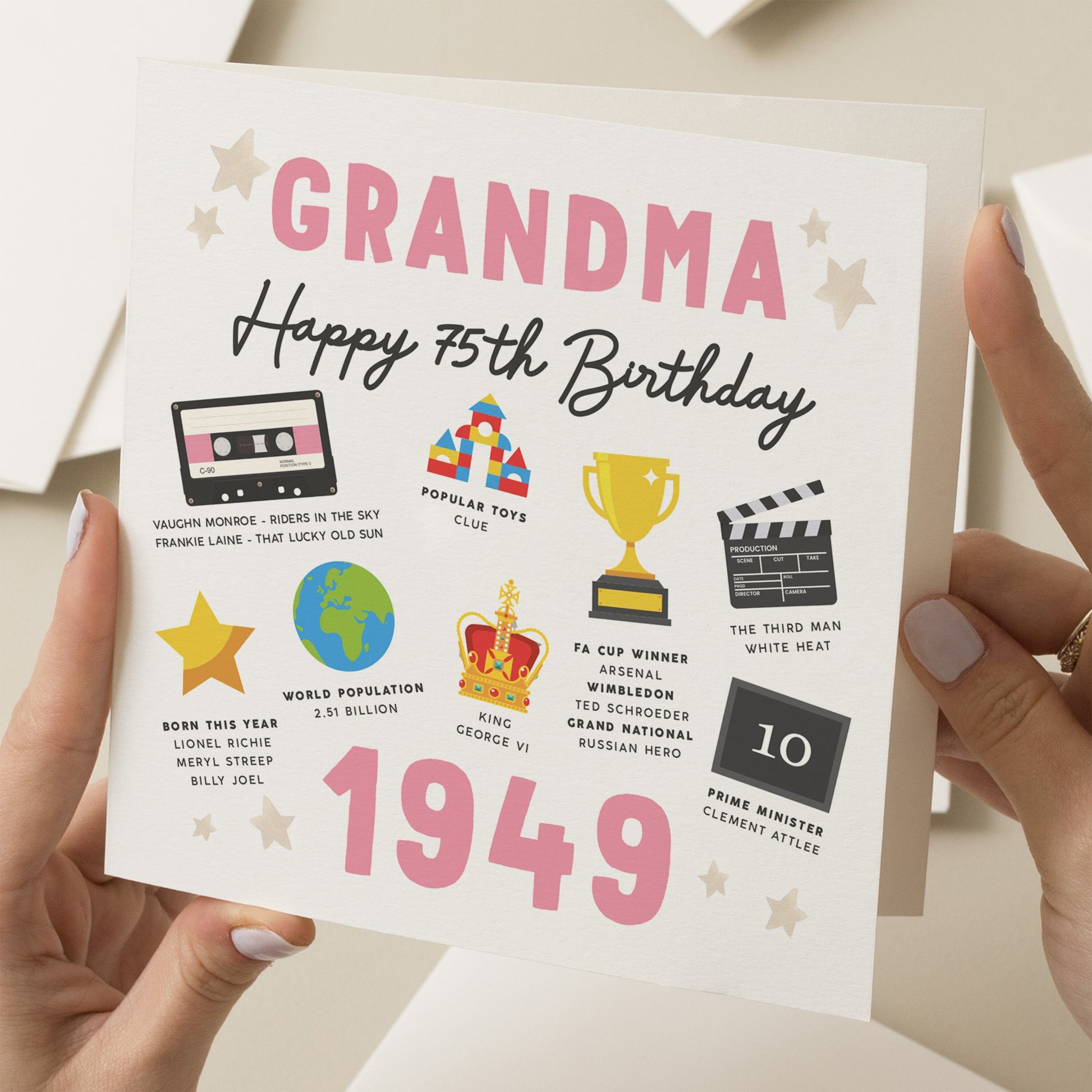 Grandma 75th Birthday Card, Fact Birthday Card For Grandma, Gift For Grandma, Milestone Birthday Card Born In 1949