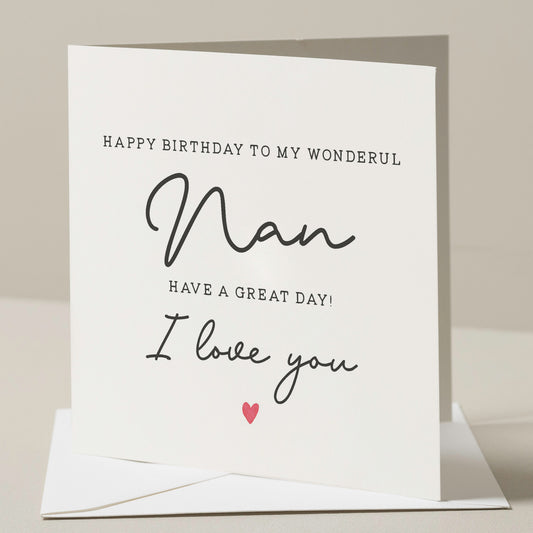 Nan Birthday Card, Wonderful Nan Birthday Card, Birthday Card For Nan, Cute Birthday Card To Nan, Birthday Gift For Nan, Grandma Card