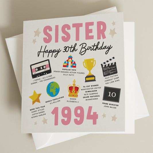 Sister 30th Birthday Card, Fact Birthday Card For Sister, Gift For Sister, Milestone Birthday Card, Gift For Sister, Born In 1994