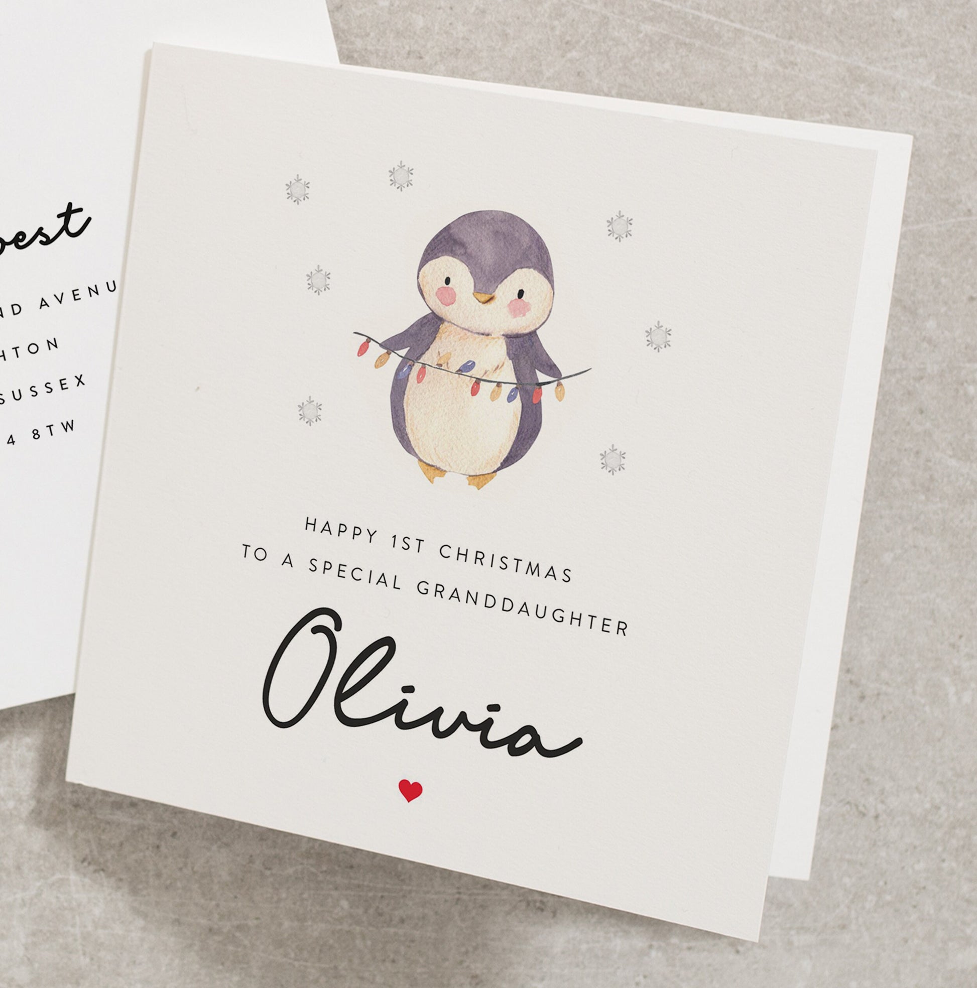 Christmas Card for Granddaughter, Personalised Christmas Card with Cute Penguin, Granddaughter Christmas Card UK CC555