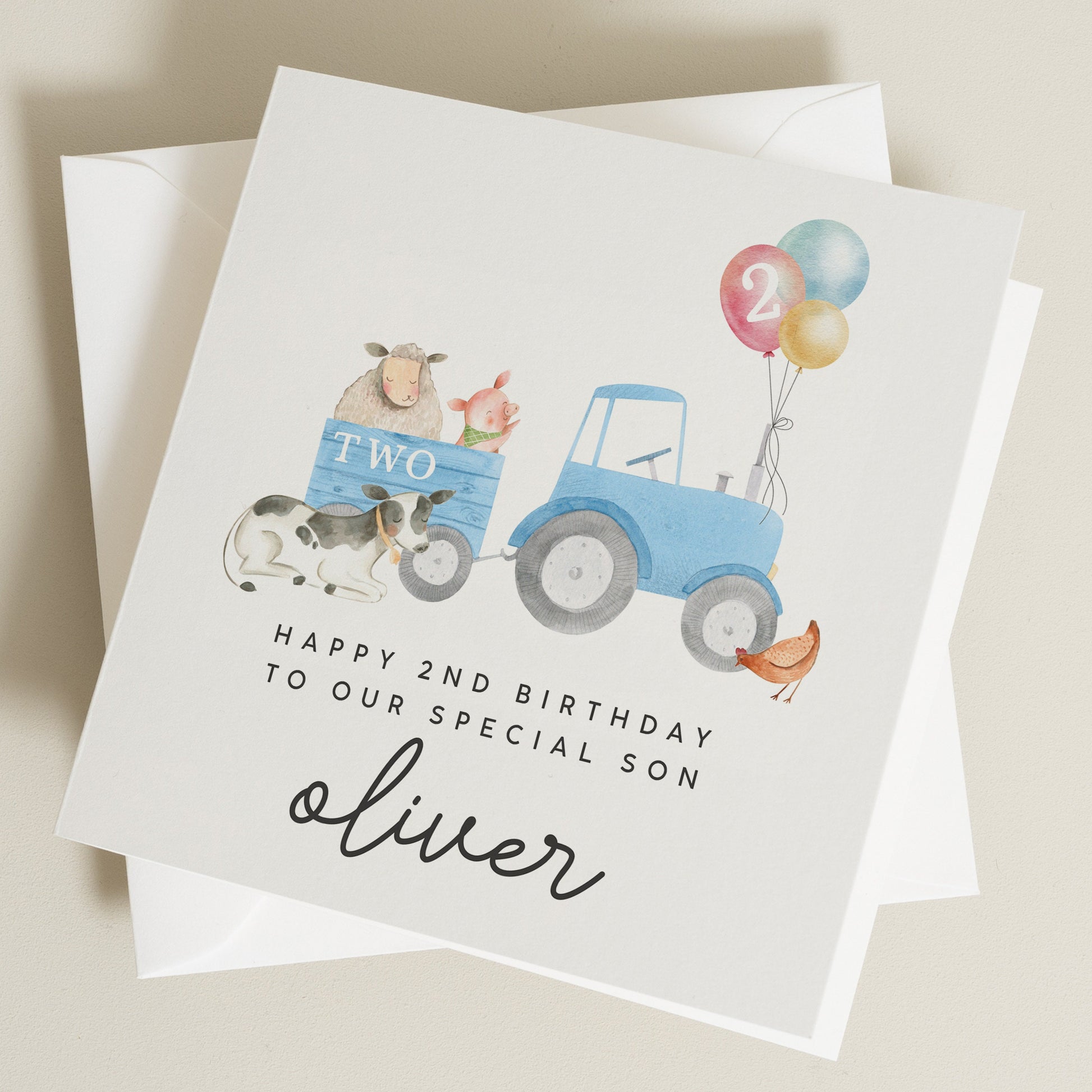 Personalised 2nd Birthday Card For Son, Tractor Birthday Card, Farm Birthday Card For Grandson, Farmyard Animal Card, Second Birthday Gift