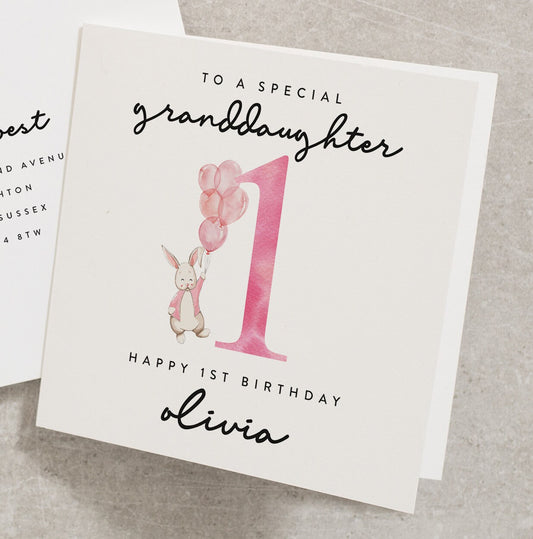 To A Special Granddaughter, First Birthday Card, 1st Birthday For Granddaughter, Pink, Rabbit, Illustrated Birthday Card, Personalised BC866