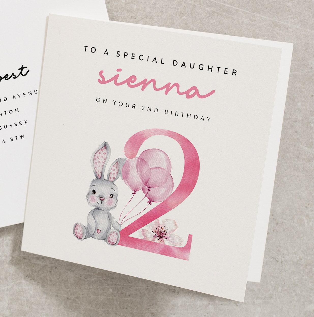 To A Special Daughter On Your Second Birthday, Personalised 2nd Birthday Card Girl, Cute Birthday Card, Bunny, Balloon, Any Name BC886