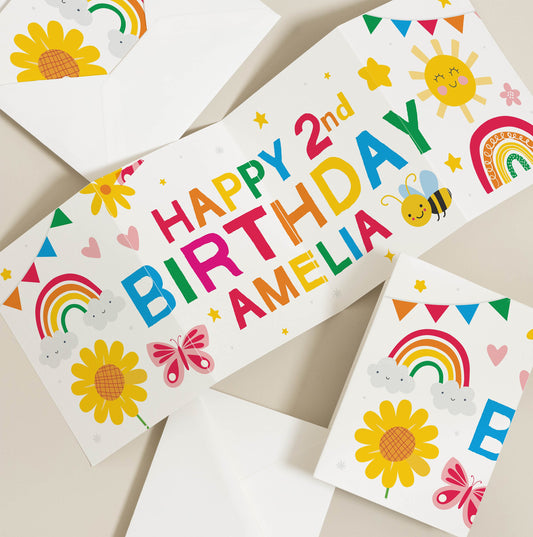 Personalised Rainbow Bee and Sunflower Birthday Card, Happy Birthday Card For Her, Any Age and Any Name Birthday Concertina Card BC1288