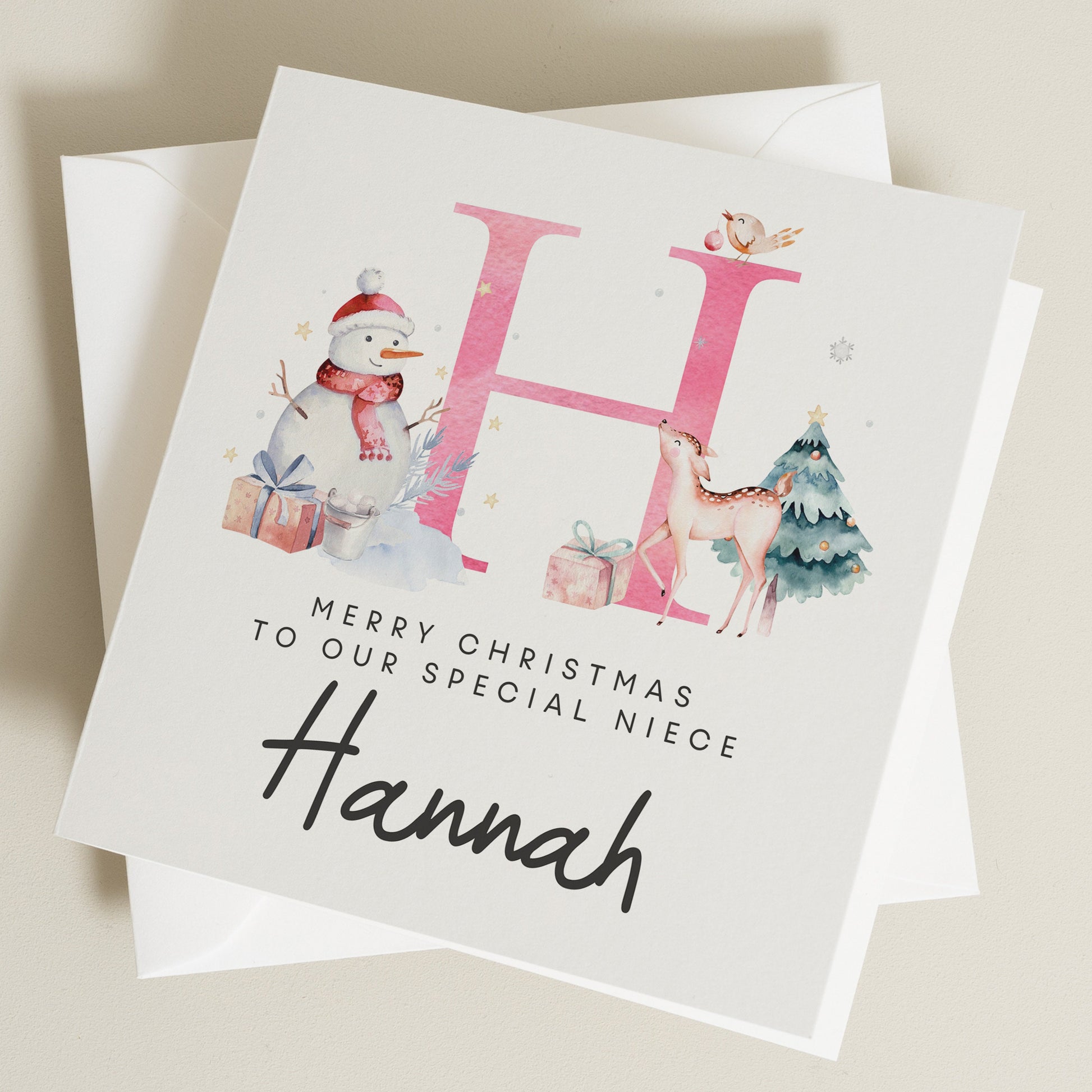 Personalised Christmas Card for Niece, Christmas Card for Baby Niece, Pink Letter Christmas Card for Niece, Niece First Christmas Card