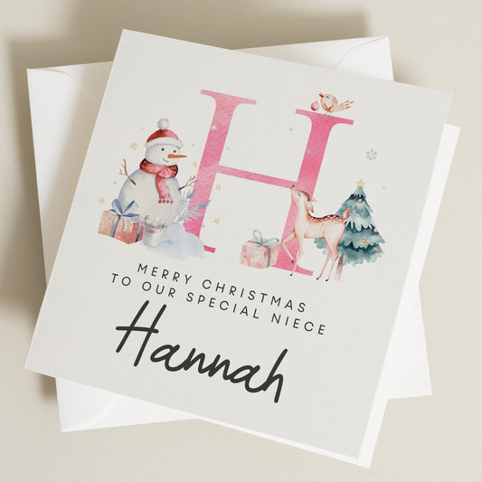 Personalised Christmas Card for Niece, Christmas Card for Baby Niece, Pink Letter Christmas Card for Niece, Niece First Christmas Card