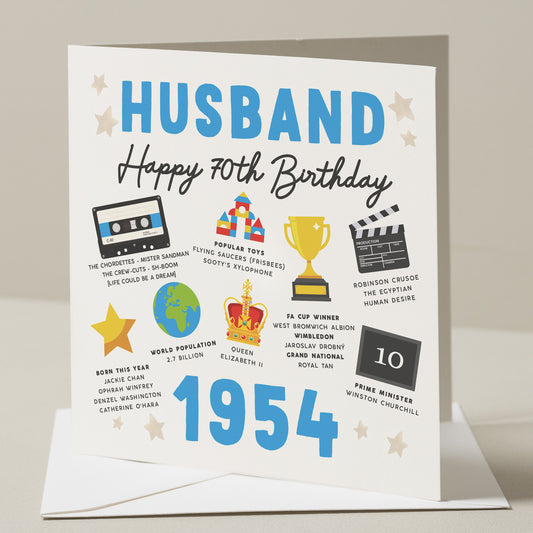 70th Birthday Card For Husband, Fact Birthday Card For Husband, Gift For Husband, Milestone Birthday Card, Gift For Him, Born In 1954