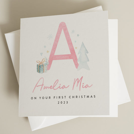 Personalised Baby&#39;s First Christmas Card For Baby Girl, 1st Christmas Card For Daughter, Niece, Granddaughter, Custom Pink Initial CC616