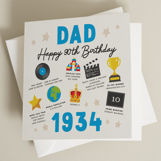 90th Birthday Card For Dad, Fact Birthday Card For Dad, Gift For Dad, Milestone Birthday Card, Gift For Dad, Father, For Him, Born In 1934