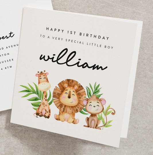 Happy 1st Birthday To A Very Special Little Boy, Personalised 1st Birthday Card For Boy, Animal Birthday Card, Cute Safari Animals BC813