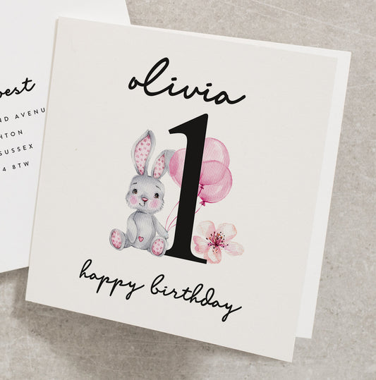 Personalised 1st Birthday Card, Happy Birthday Card For Girl, Rabbit Birthday Card, Birthday Card One Year Old Girl, Cute Card BC814