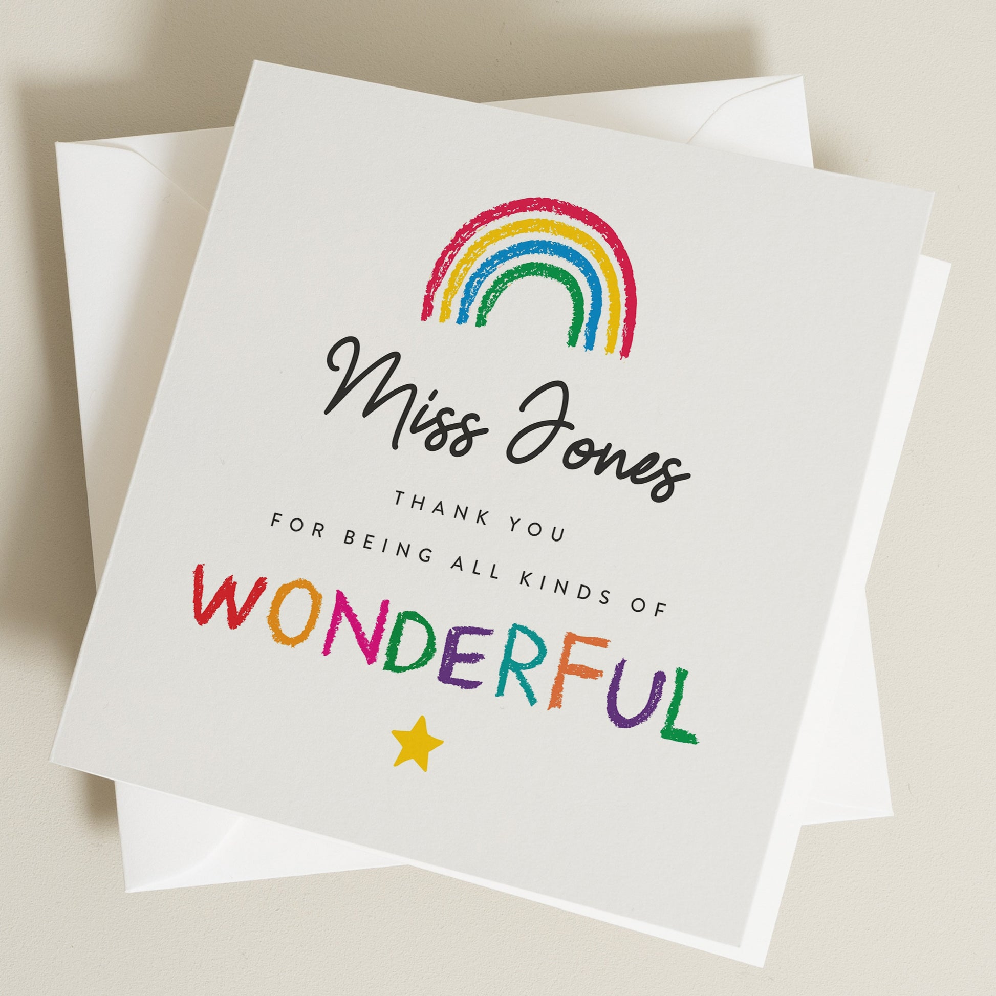 Teacher Thank You Card, Thank You For Being A Wonderful Teacher, Personalised Cute Rainbow Teacher Card, End of Term Gift For Teachers TC049