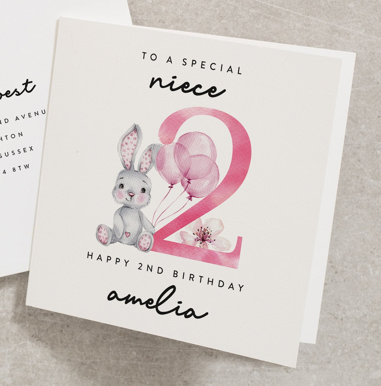 To A Special Niece, Happy 2nd Birthday, Personalised Niece Second Birthday Card, Bunny, Pink, Watercolour 2nd Birthday Card For Niece BC923