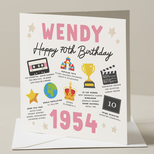 Personalised 70th Birthday Card, Fact Birthday Card For Her, 70th Birthday Gift, Milestone Birthday Card, Gift For Friend, Born In 1954