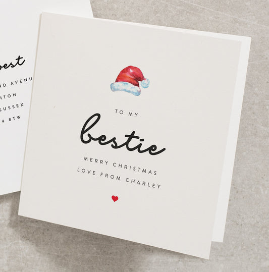 Personalised Bestie Christmas Card with Santa Hat, Best Friend Xmas Card, Merry Christmas Card to my Friend CC475