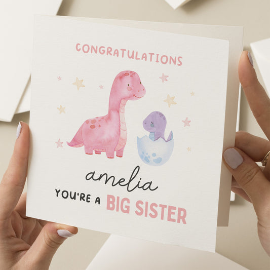 Congratulations You&#39;re a Big Sister Card For Her, Dinosaur Little Brother Card, New Baby Card, Personalised New Sibling Card, New Sister