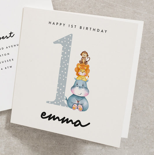 First Birthday Card Girl, Personalised Happy 1st Birthday, Animal Birthday Card, Jungle, Safari Animal Birthday Card, Cute Animal Card BC826